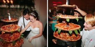 Noivos trocam bolo de casamento tradicional por bolo de pizza