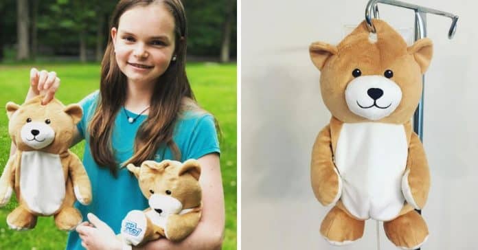 Assustada com as bolsas intravenosas, menina com doença auto-imune cria ursos de pelúcia para as esconder