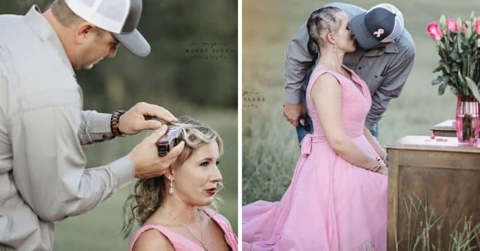 Marido rapa cabelo de esposa com câncer da mama numa poderosa sessão fotográfica
