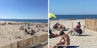 Praia francesa marca espaço com cordas para manter isolamento social