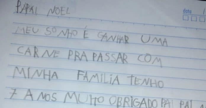 ‘Meu sonho é ganhar uma carne para passar com a minha família’, escreve menino em carta ao Papai Noel