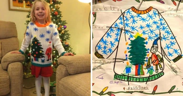 Avó surpreende neta tricotando um suéter de Natal baseado em seu desenho