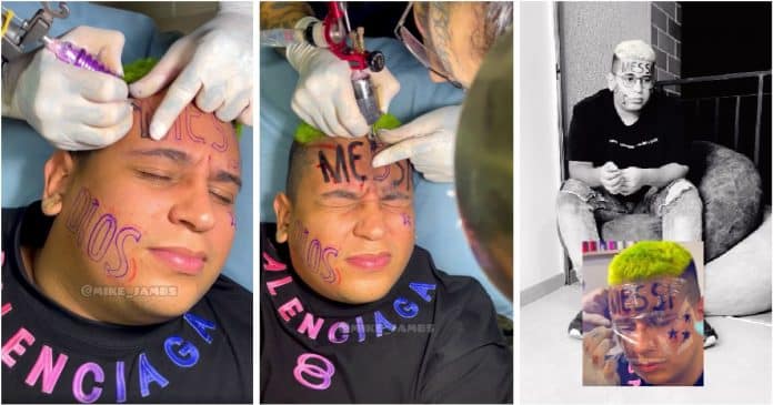 Influenciador tatua o nome de Messi na testa após Copa do Mundo mas se arrepende