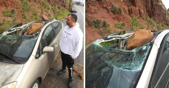 Motorista saiu do carro para atender telefone no momento em que rocha esmagou o veículo