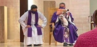 Padre celebra missa com sua cachorrinha no colo para não a deixar sozinha