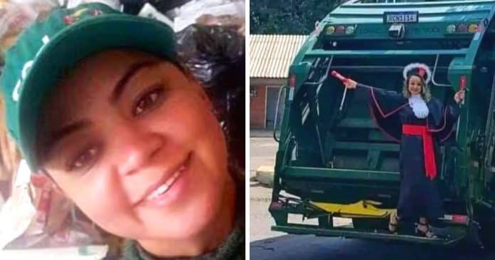 Ex-catadora posa ao lado de caminhão de lixo para formatura de direito – história de superação e perseverança