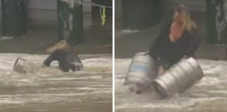 Mulher arrisca a vida em tempestade para salvar barris de cerveja