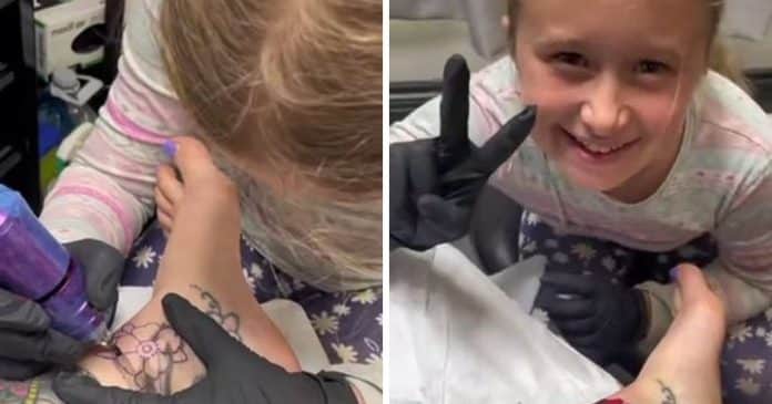 Mãe deixa filha de nove anos tatuar a sua perna para ‘treinar’