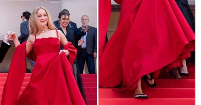 Jennifer Lawrence aparece de chinelos em tapete vermelho e quebra regra do salto alto