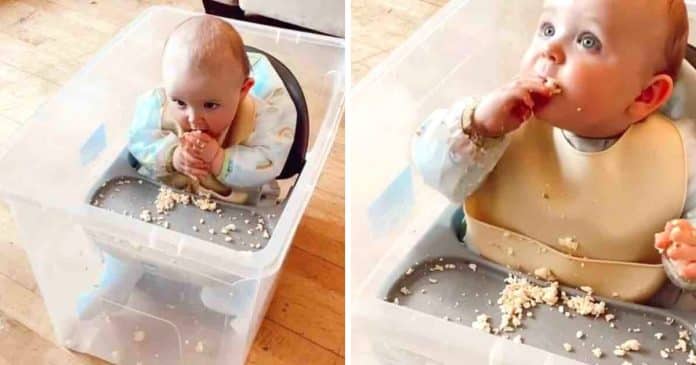 Mãe deixa seu bebê em caixa plástica para evitar que suje a casa enquanto come: “Um gênio”