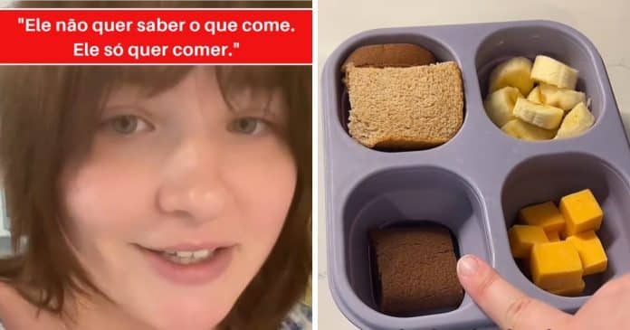 Quando vai jantar fora mãe leva sua própria comida para seu filho