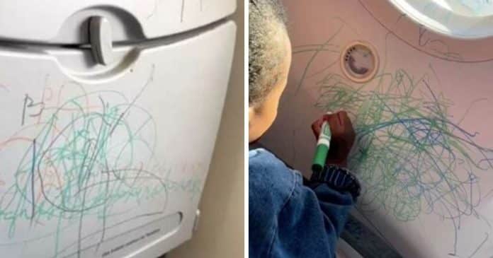 Mãe apoia filha a rabiscar avião com lápis de cor: “Se ela pedir pra pular do avião será que ela deixa?”