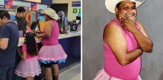 Pai cumpre promessa e usa roupa rosa ao acompanhar filha para ver Barbie no cinema