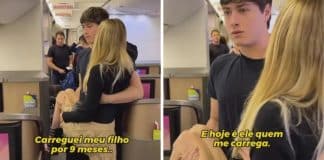Vídeo de filho carregando mãe cadeirante no colo em avião viraliza e comove a todos