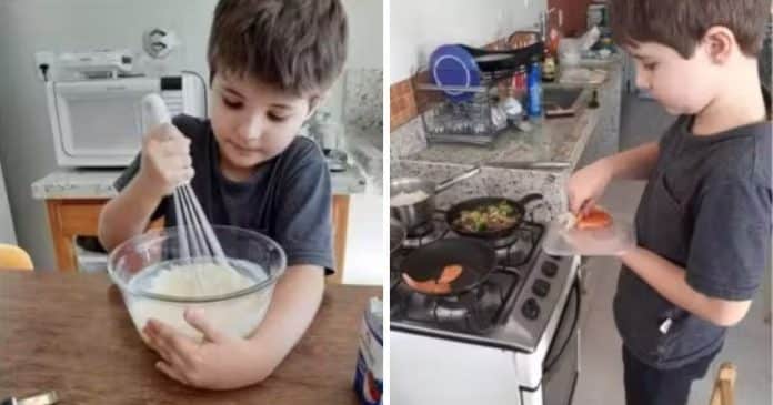 Mãe ensina filho de 10 anos a cozinha para se tornar mais independente