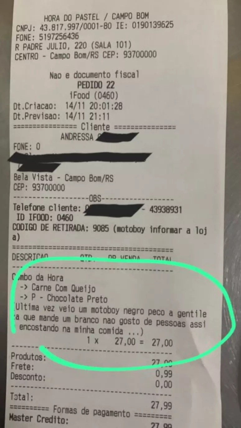 sabiaspalavras.com - "Não gosto de pessoas assim encostando na minha comida", mulher exige entregador branco ao pedir comida