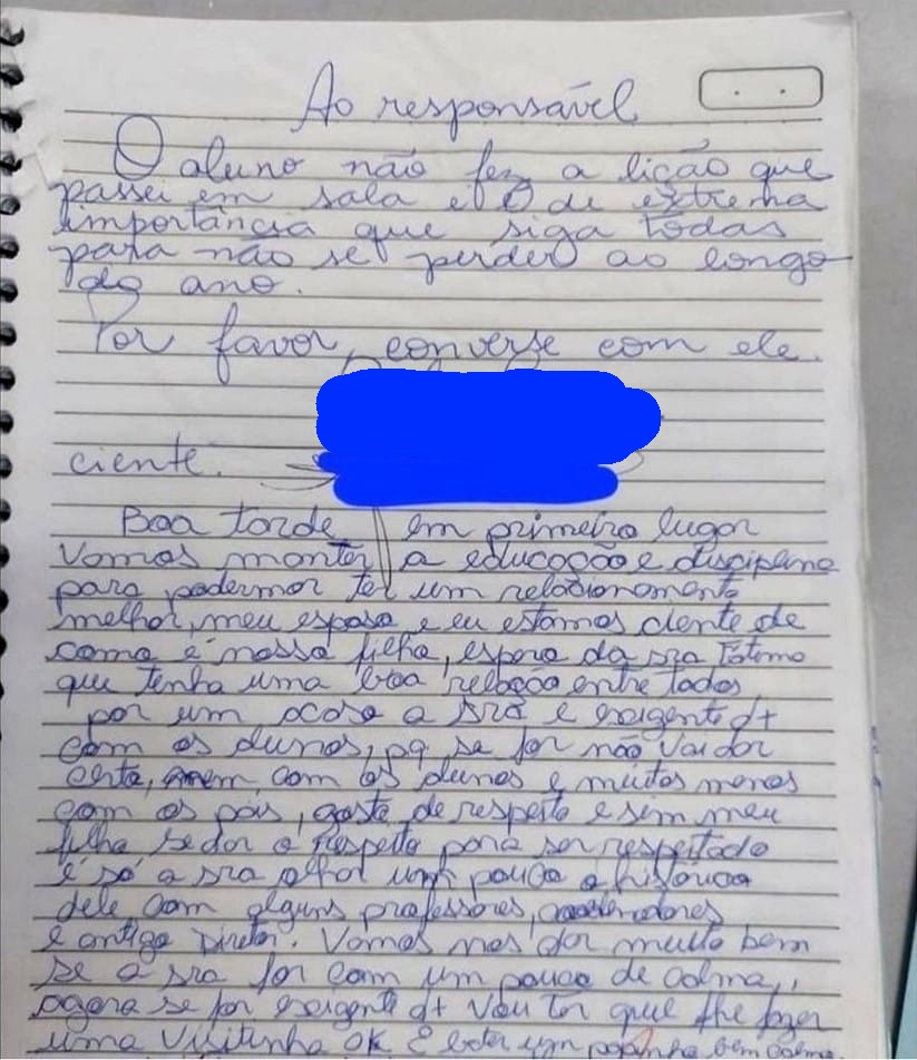 sabiaspalavras.com - Professora recebe resposta chocante após enviar bilhete cobrando pais por tarefas do filho