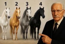 Quatro cavalos numerados, branco, dourado, cinza e preto, com uma figura masculina de óculos à direita e preenchimento desfocado nas laterais.