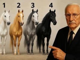 Quatro cavalos numerados, branco, dourado, cinza e preto, com uma figura masculina de óculos à direita e preenchimento desfocado nas laterais.