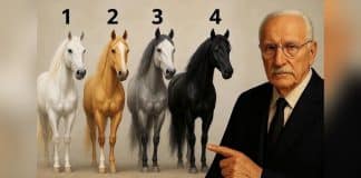Quatro cavalos numerados, branco, dourado, cinza e preto, com uma figura masculina de óculos à direita e preenchimento desfocado nas laterais.