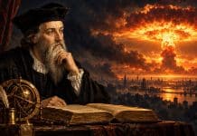 Representação artística de Nostradamus diante de um livro, com uma explosão nuclear fictícia ao fundo.