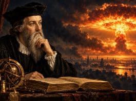 Representação artística de Nostradamus diante de um livro, com uma explosão nuclear fictícia ao fundo.