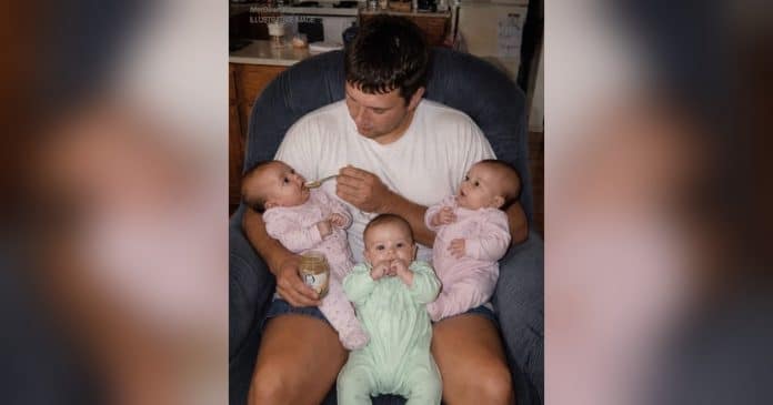 Pai com três bebês: imagem ilustrativa para conto de ficção A mãe das minhas trigêmeas voltou na formatura e pediu que eu saísse da foto