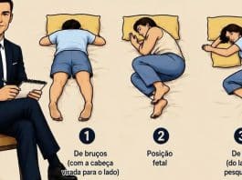 Ilustração com três posições para dormir, numeradas de 1 a 3, e uma figura masculina com bloco de notas à esquerda.