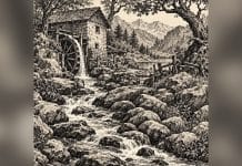 Ilustração de um moinho, árvores, montanhas, riacho e pedras, com laterais desfocadas.