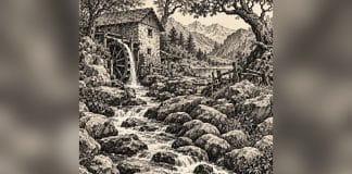 Ilustração de um moinho, árvores, montanhas, riacho e pedras, com laterais desfocadas.