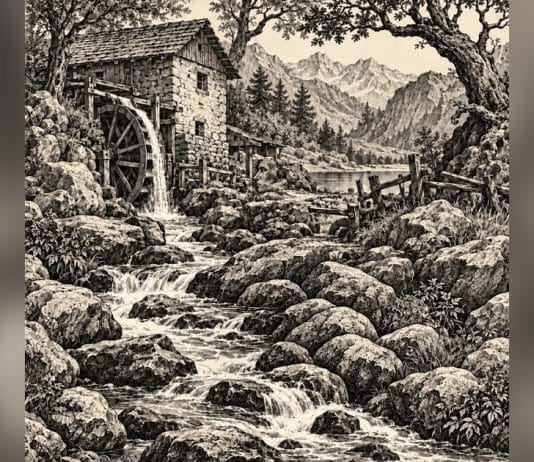 Ilustração de um moinho, árvores, montanhas, riacho e pedras, com laterais desfocadas.