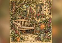 Ilustração de jardim com seis cães escondidos, enquadrada por barras laterais desfocadas.