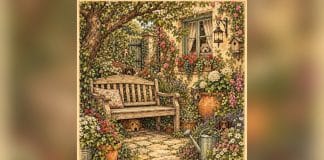 Ilustração de jardim com seis cães escondidos, enquadrada por barras laterais desfocadas.