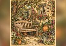 Ilustração de jardim com seis cães escondidos, enquadrada por barras laterais desfocadas.