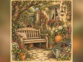 Ilustração de jardim com seis cães escondidos, enquadrada por barras laterais desfocadas.