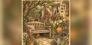 Ilustração de jardim com seis cães escondidos, enquadrada por barras laterais desfocadas.