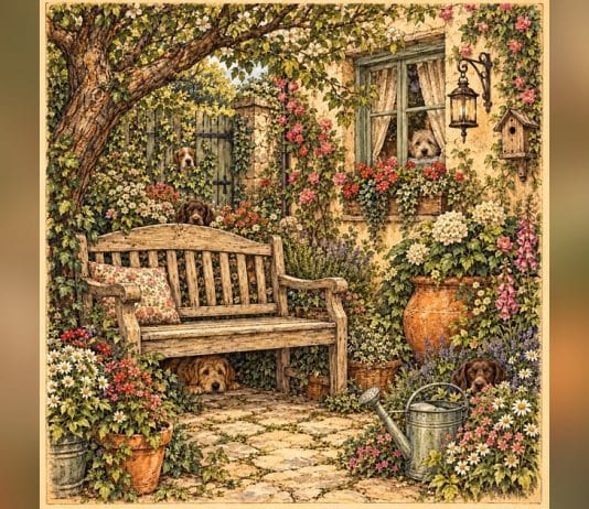 Ilustração de jardim com seis cães escondidos, enquadrada por barras laterais desfocadas.