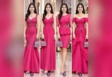 Quatro vestidos de festa fúcsia numerados de 1 a 4, com preenchimento desfocado nas laterais.